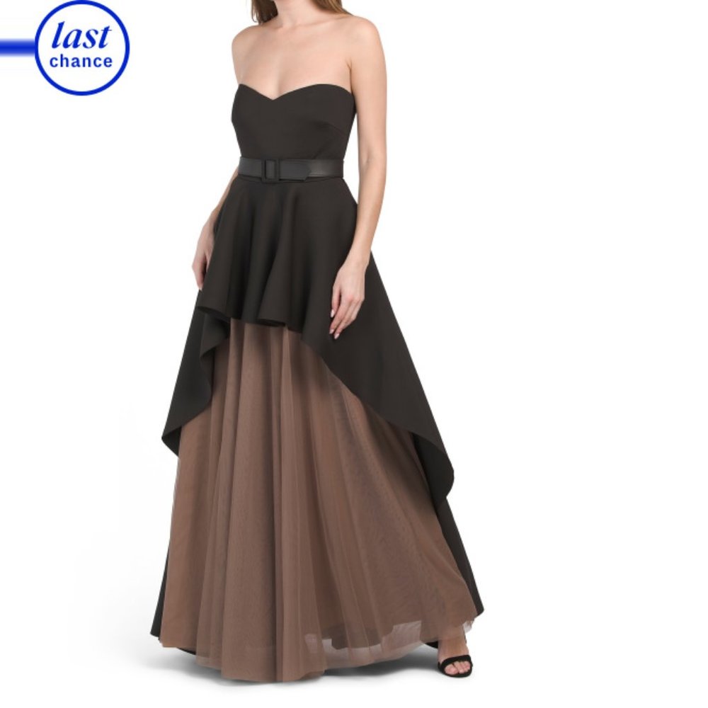 Badgley Mischka Strapless Black Overlay with Brown Tulle High-Low Gown